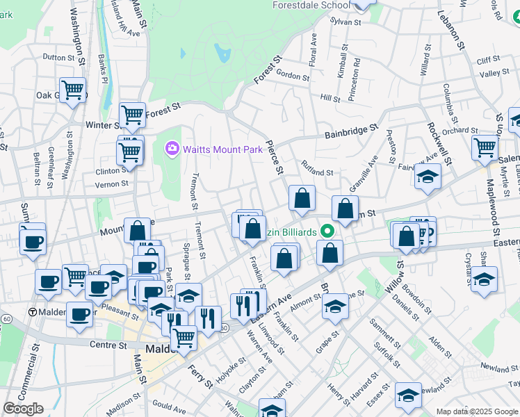 map of restaurants, bars, coffee shops, grocery stores, and more near 18 Kenilworth Street in Malden