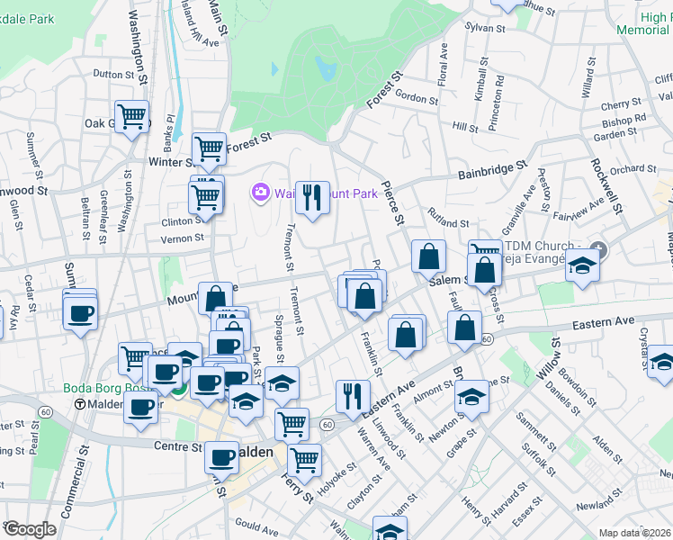 map of restaurants, bars, coffee shops, grocery stores, and more near 81 Mount Vernon Street in Malden