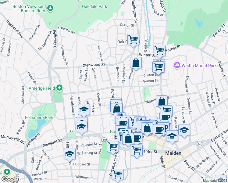 map of restaurants, bars, coffee shops, grocery stores, and more near 161 Clifton Street in Malden