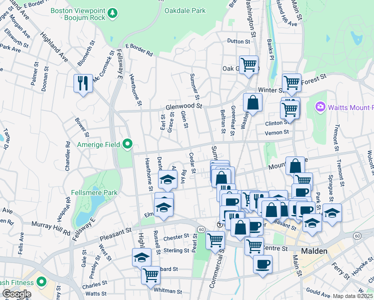 map of restaurants, bars, coffee shops, grocery stores, and more near 1 Kernwood Street in Malden