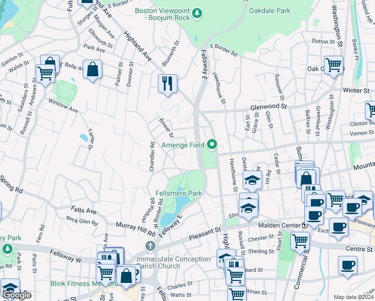 map of restaurants, bars, coffee shops, grocery stores, and more near 40 Clyde Street in Malden