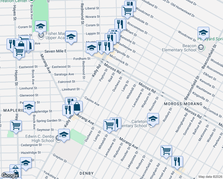 map of restaurants, bars, coffee shops, grocery stores, and more near 12687 Duchess Street in Detroit