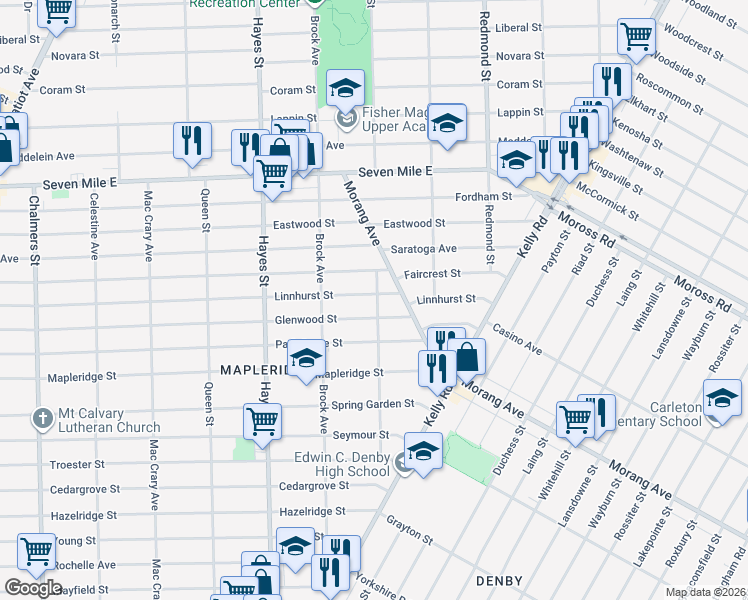 map of restaurants, bars, coffee shops, grocery stores, and more near 15605 Linnhurst Street in Detroit