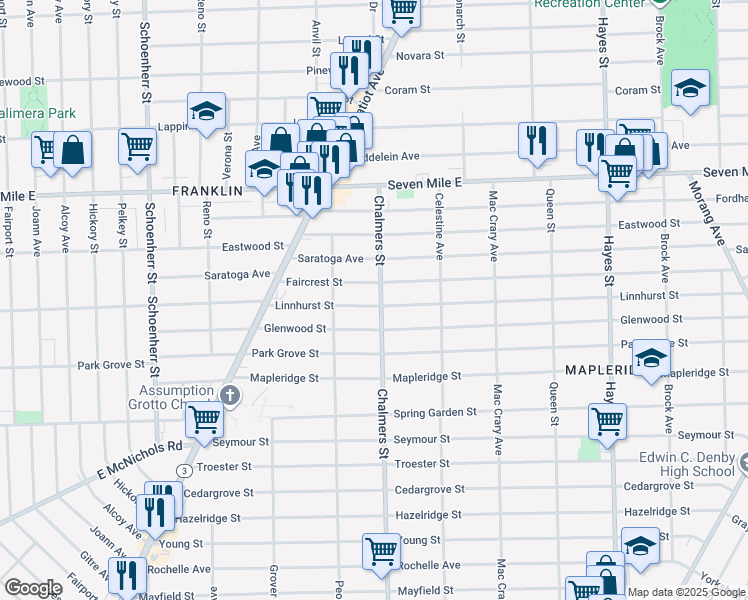 map of restaurants, bars, coffee shops, grocery stores, and more near 14280 Faircrest Street in Detroit