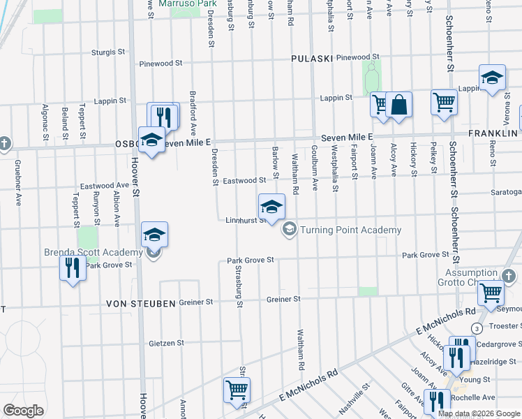 map of restaurants, bars, coffee shops, grocery stores, and more near 18666 Hamburg Street in Detroit
