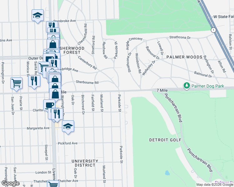 map of restaurants, bars, coffee shops, grocery stores, and more near 19101 Canterbury Road in Detroit