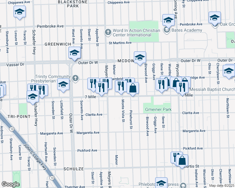map of restaurants, bars, coffee shops, grocery stores, and more near 19145 Monte Vista Street in Detroit
