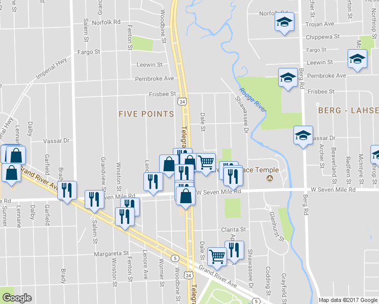 map of restaurants, bars, coffee shops, grocery stores, and more near 19313 Dale Street in Detroit