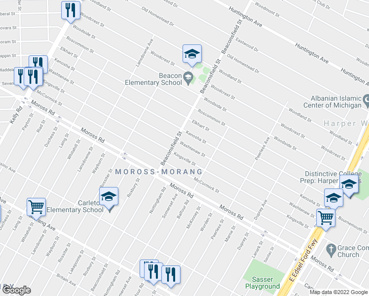 map of restaurants, bars, coffee shops, grocery stores, and more near 19644 Washtenaw Street in Harper Woods