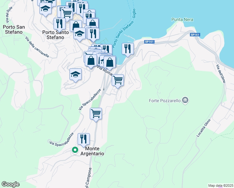 map of restaurants, bars, coffee shops, grocery stores, and more near 23D Strada dell Argentiera in Porto Santo Stefano