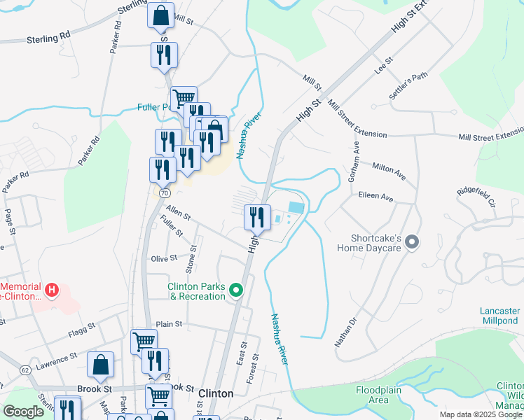 map of restaurants, bars, coffee shops, grocery stores, and more near 742 High Street in Clinton