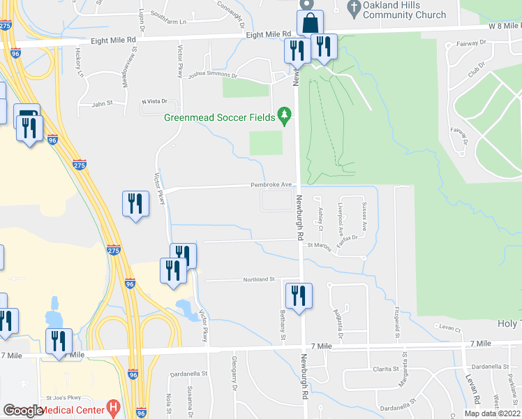 map of restaurants, bars, coffee shops, grocery stores, and more near 37606 Newburgh Park Circle in Livonia