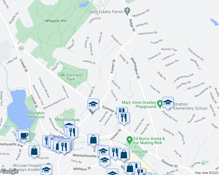 map of restaurants, bars, coffee shops, grocery stores, and more near Forest Street & Park Avenue Extension in Arlington