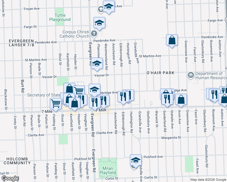 map of restaurants, bars, coffee shops, grocery stores, and more near 19301 Annchester Road in Detroit