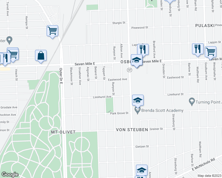 map of restaurants, bars, coffee shops, grocery stores, and more near 18653 Runyon Street in Detroit