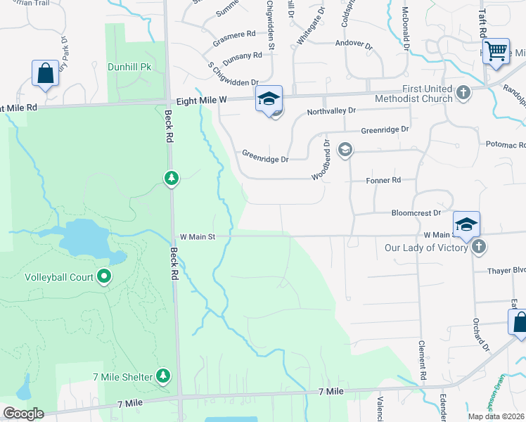 map of restaurants, bars, coffee shops, grocery stores, and more near 20137 West Whipple Drive in Northville