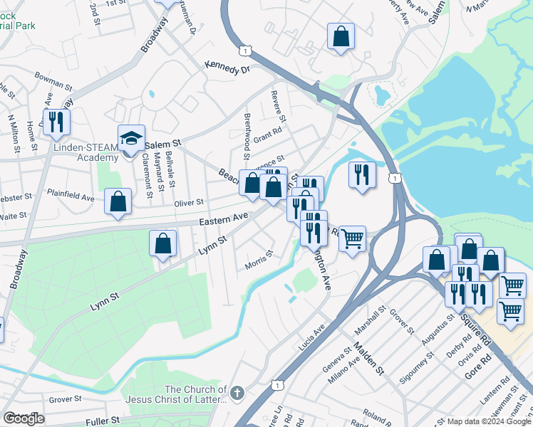 map of restaurants, bars, coffee shops, grocery stores, and more near 479 Lynn Street in Malden