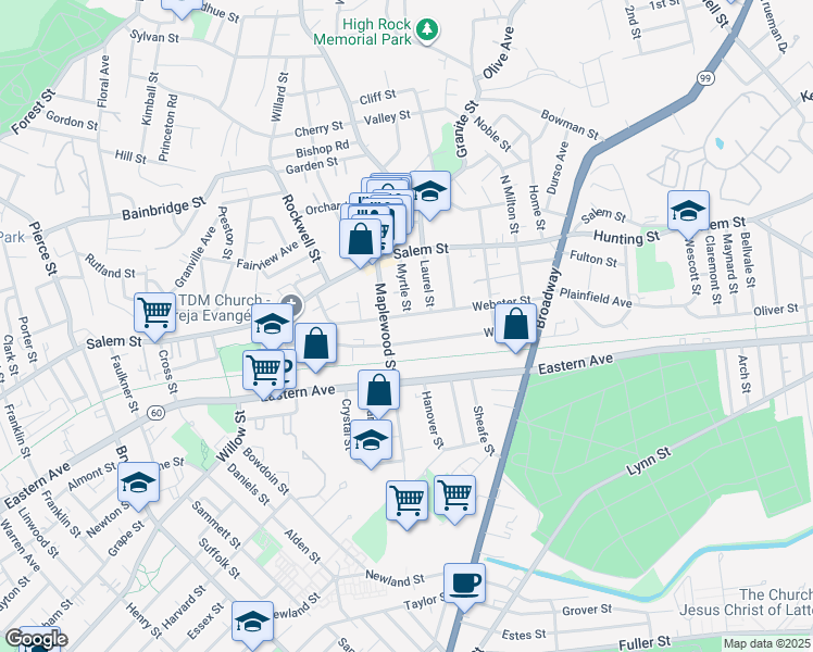 map of restaurants, bars, coffee shops, grocery stores, and more near 112 Webster Street in Malden