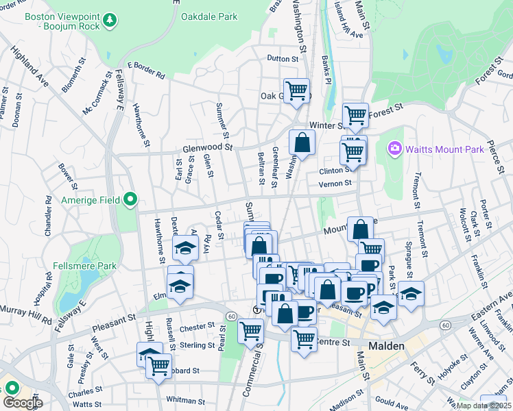 map of restaurants, bars, coffee shops, grocery stores, and more near 161 Clifton Street in Malden