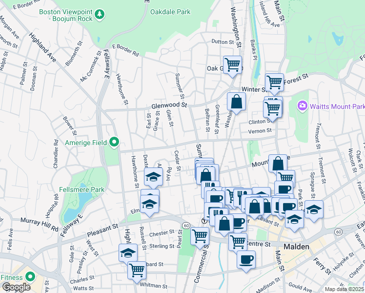 map of restaurants, bars, coffee shops, grocery stores, and more near 193 Clifton Street in Malden