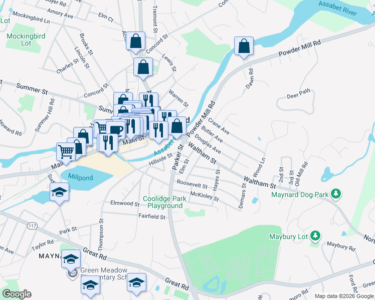map of restaurants, bars, coffee shops, grocery stores, and more near 18 Waltham Street in Maynard