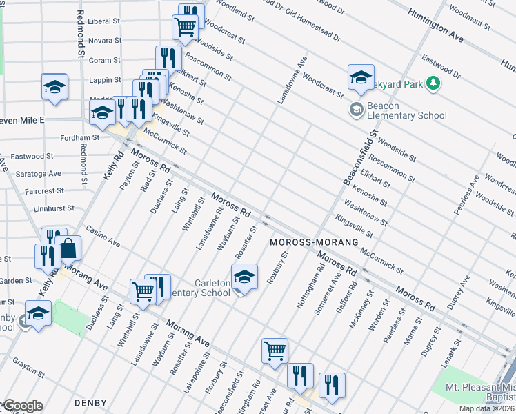 map of restaurants, bars, coffee shops, grocery stores, and more near 19155 Moross Road in Detroit