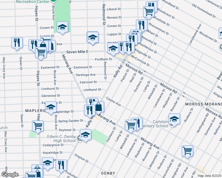 map of restaurants, bars, coffee shops, grocery stores, and more near 18654 Kelly Road in Detroit