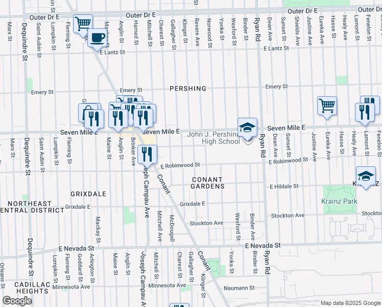 map of restaurants, bars, coffee shops, grocery stores, and more near 3520 East Brentwood Street in Detroit