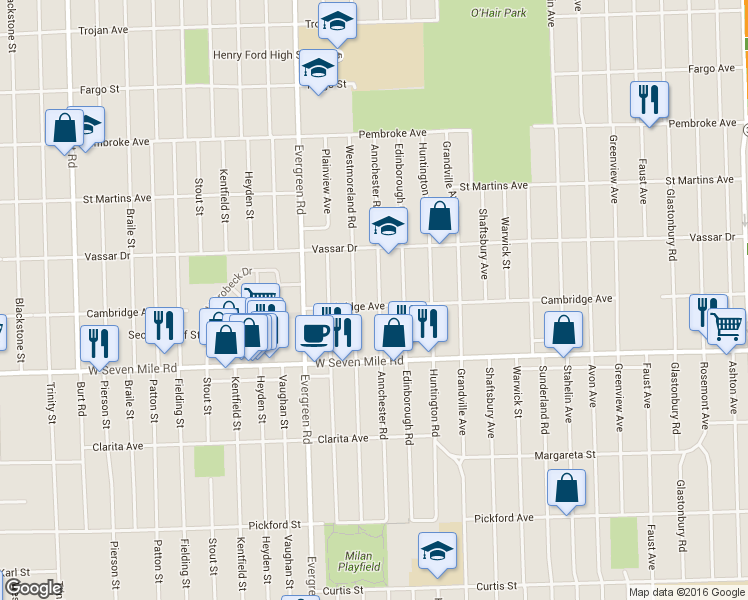 map of restaurants, bars, coffee shops, grocery stores, and more near 19301 Annchester Road in Detroit