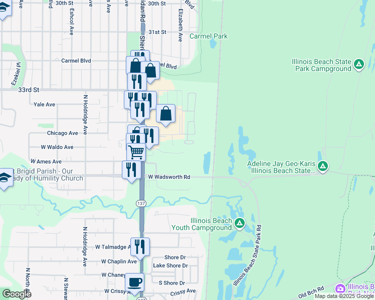 map of restaurants, bars, coffee shops, grocery stores, and more near 3354 Saint Annes Court in Zion