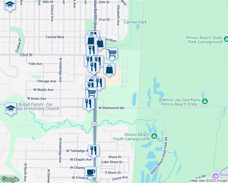map of restaurants, bars, coffee shops, grocery stores, and more near 3441 Sheridan Road in Zion