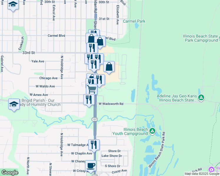 map of restaurants, bars, coffee shops, grocery stores, and more near 3441 Sheridan Road in Zion