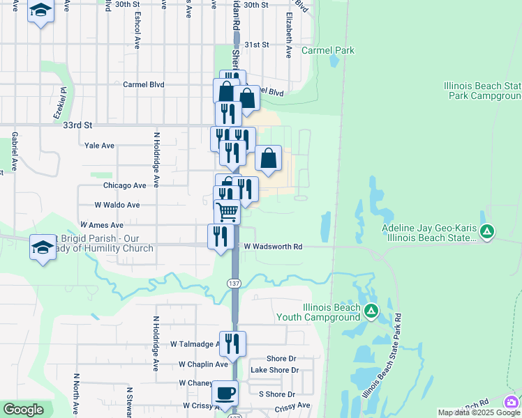 map of restaurants, bars, coffee shops, grocery stores, and more near 3441 Sheridan Road in Zion