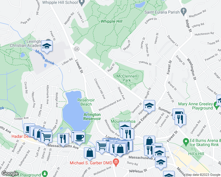 map of restaurants, bars, coffee shops, grocery stores, and more near 121 Madison Avenue in Arlington