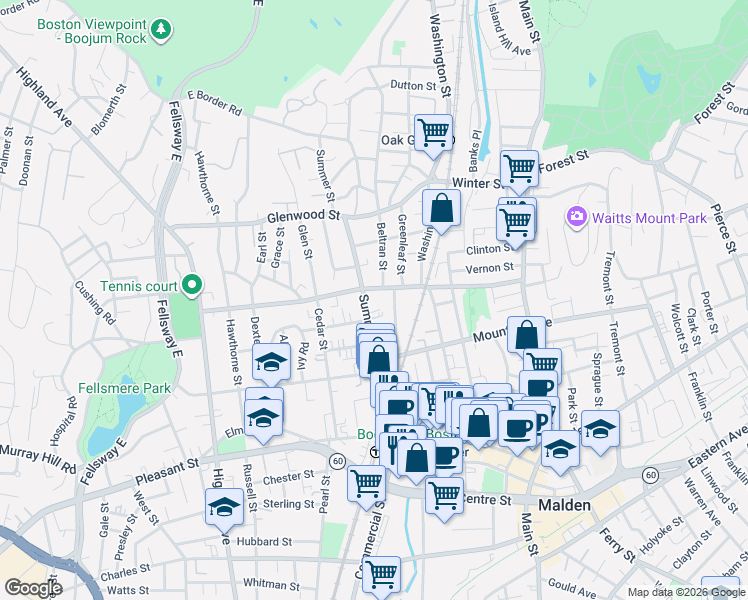 map of restaurants, bars, coffee shops, grocery stores, and more near 161 Clifton Street in Malden