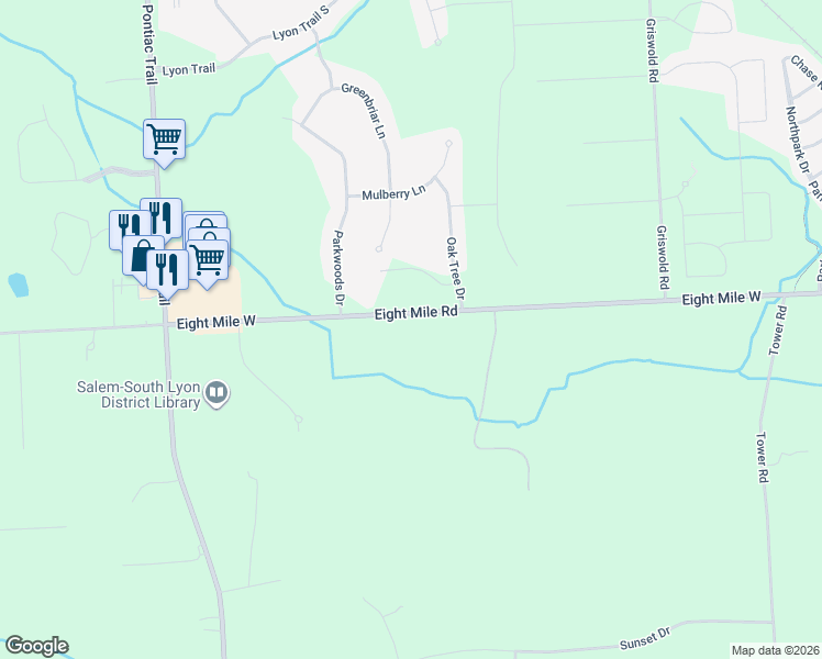 map of restaurants, bars, coffee shops, grocery stores, and more near 60026 Eight Mile Road in South Lyon