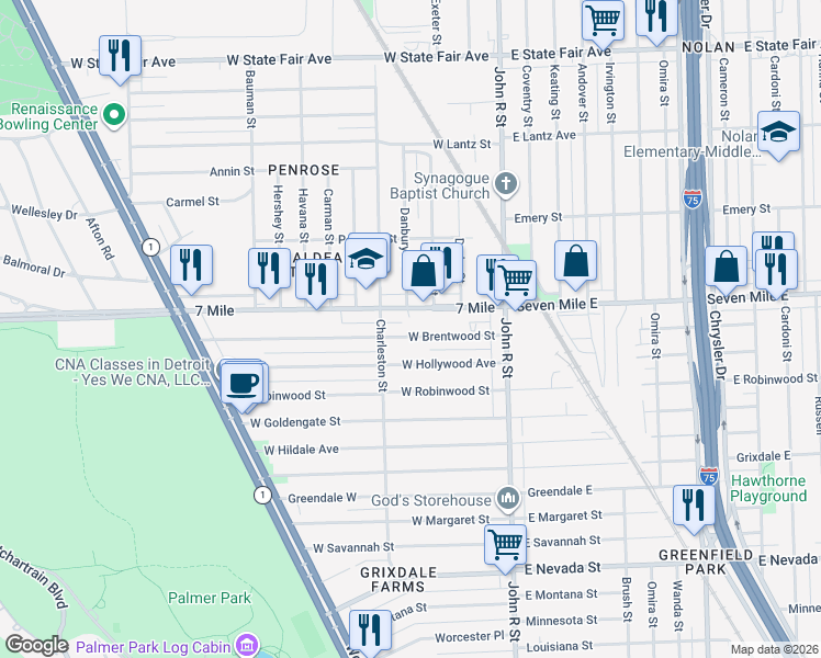 map of restaurants, bars, coffee shops, grocery stores, and more near 245w West Seven Mile Road in Detroit