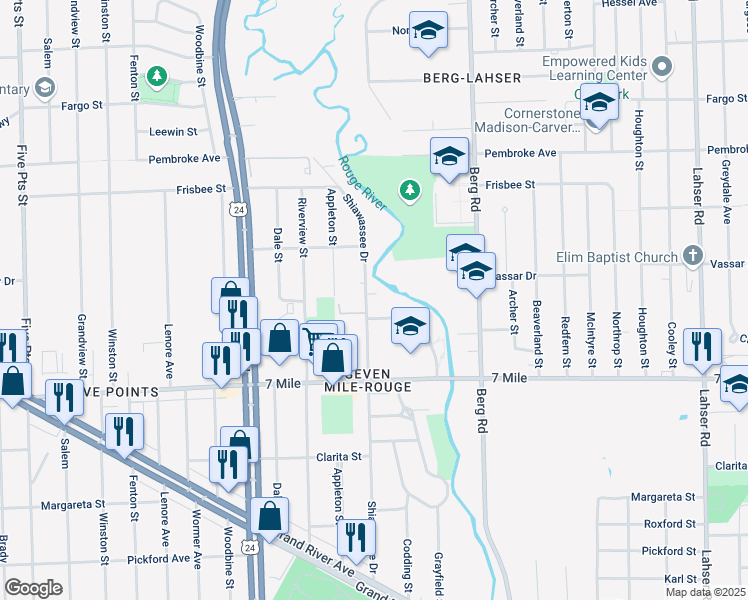 map of restaurants, bars, coffee shops, grocery stores, and more near 19300 Shiawassee Drive in Detroit