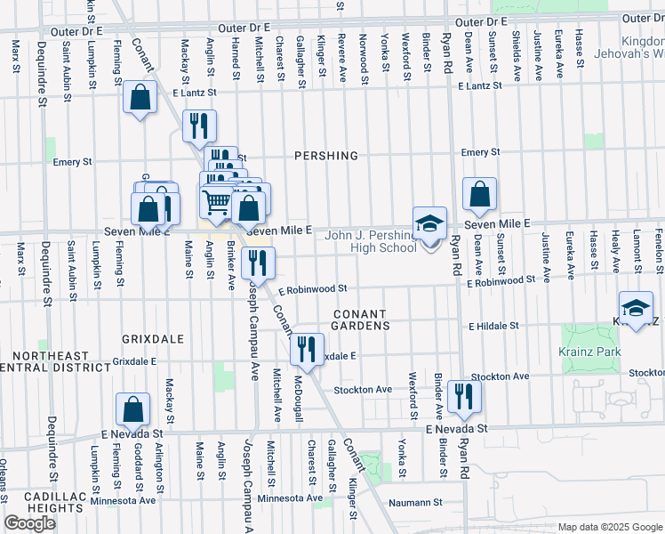 map of restaurants, bars, coffee shops, grocery stores, and more near 3520 East Brentwood Street in Detroit