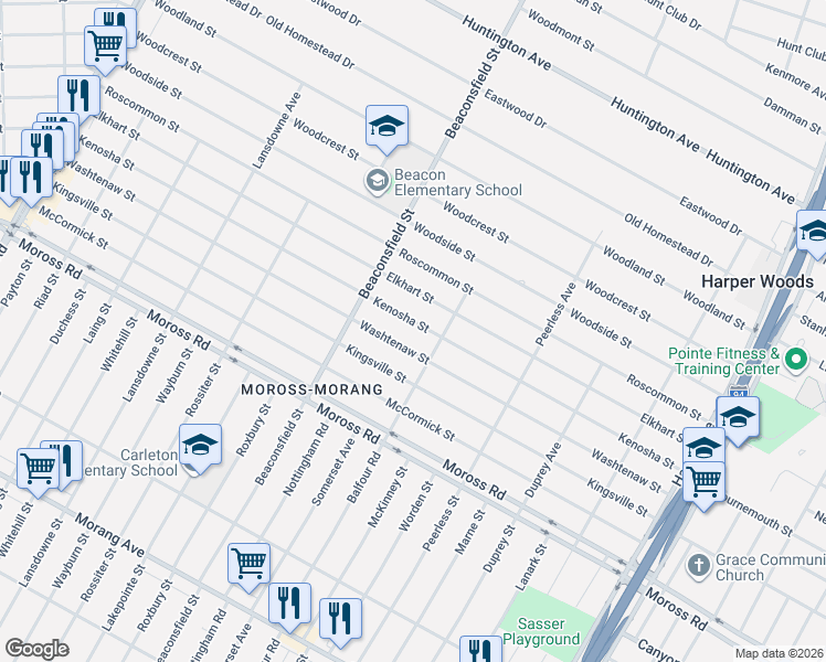 map of restaurants, bars, coffee shops, grocery stores, and more near 19684 Kenosha Street in Harper Woods