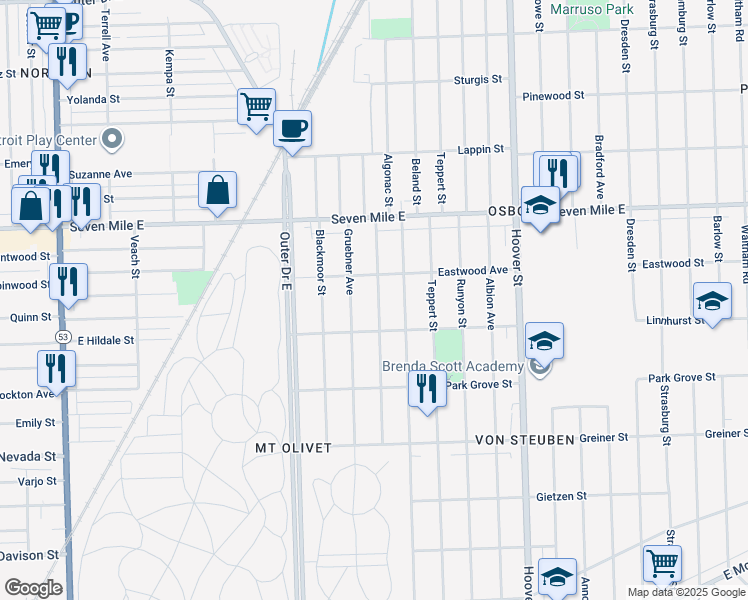 map of restaurants, bars, coffee shops, grocery stores, and more near 18696 Gruebner Avenue in Detroit