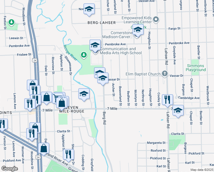 map of restaurants, bars, coffee shops, grocery stores, and more near 22815 Vassar Drive in Detroit