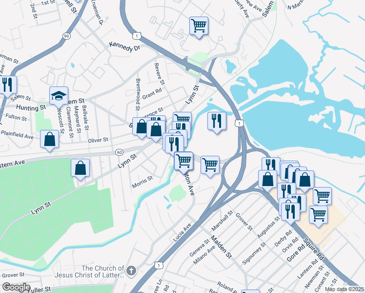 map of restaurants, bars, coffee shops, grocery stores, and more near 649 Squire Road in Revere