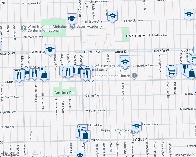 map of restaurants, bars, coffee shops, grocery stores, and more near 19136 Indiana Street in Detroit