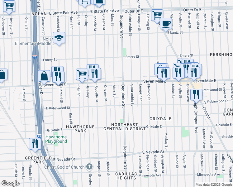 map of restaurants, bars, coffee shops, grocery stores, and more near 18910 Marx Street in Highland Park