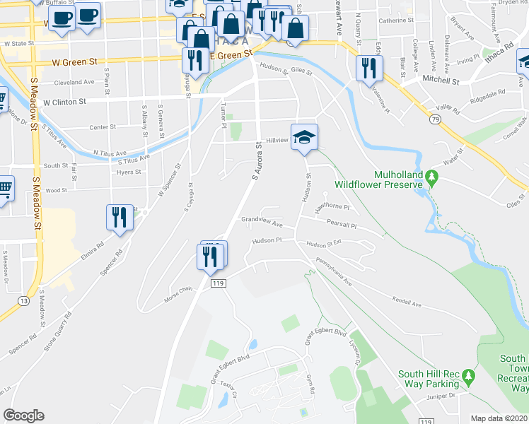 map of restaurants, bars, coffee shops, grocery stores, and more near 111 Grandview Court in Ithaca