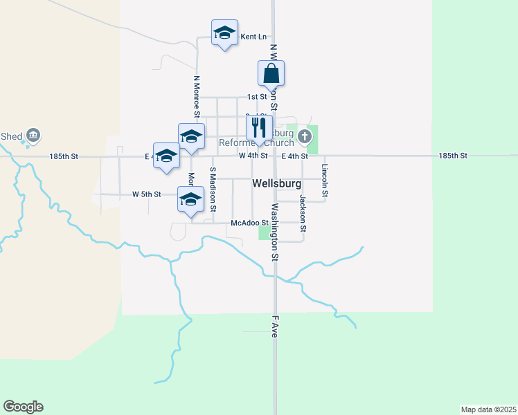 map of restaurants, bars, coffee shops, grocery stores, and more near 700-810 S Adams St in Wellsburg
