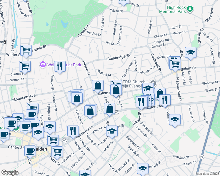 map of restaurants, bars, coffee shops, grocery stores, and more near 43 Bowers Avenue in Malden