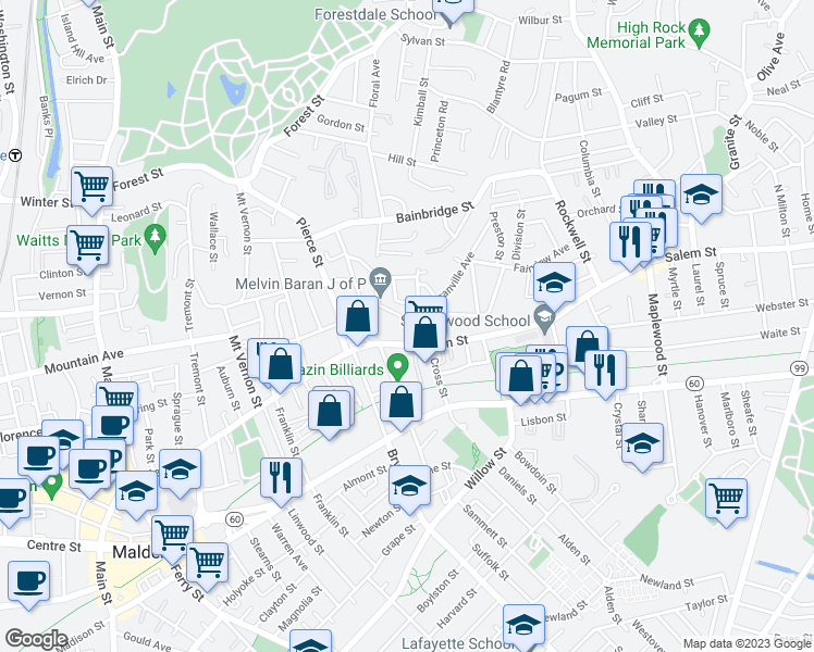 map of restaurants, bars, coffee shops, grocery stores, and more near 28 Bowers Avenue in Malden