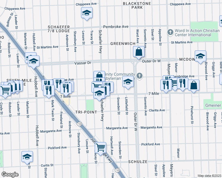 map of restaurants, bars, coffee shops, grocery stores, and more near 19134 Hartwell Street in Detroit